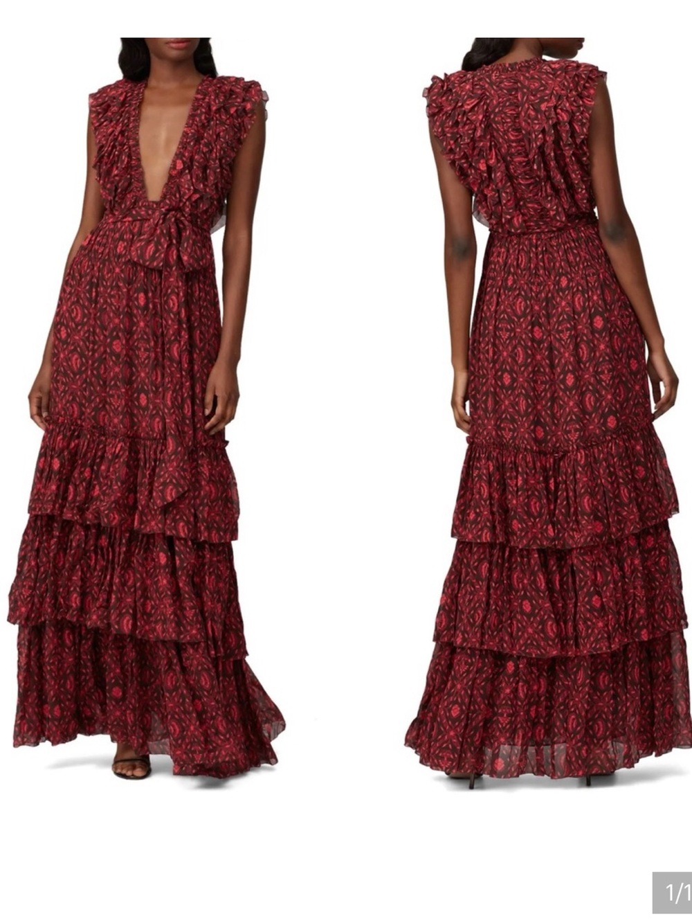 Ulla Johnson Adelina Burgundy Printed Tiered Gown US6